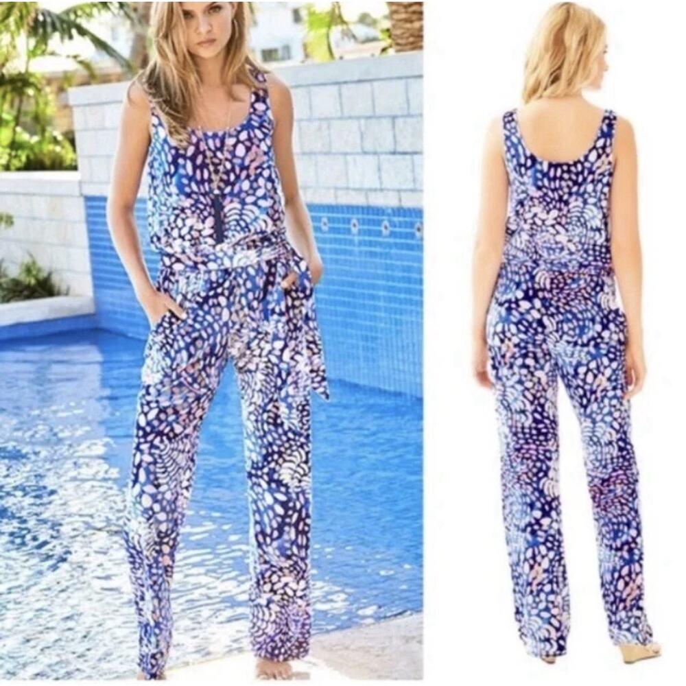 Lilly Pulitzer Nena Jumpsuit Beckon Blue sparkling grotto Velour Sz XS Preppy!